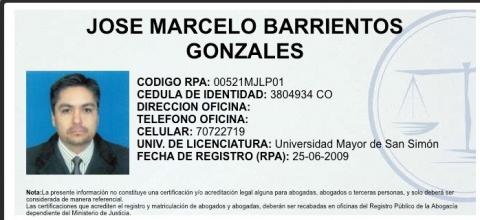 Juez Marcelo Barrientos, registro como Abogado del Ministerio de Justicia
