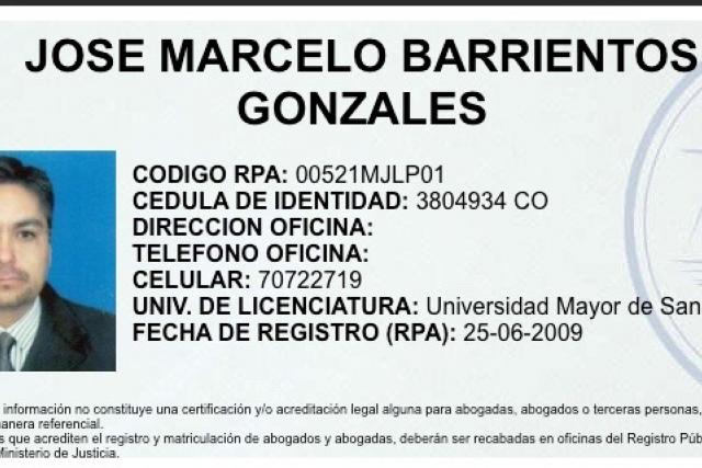 Juez Marcelo Barrientos, registro como Abogado del Ministerio de Justicia